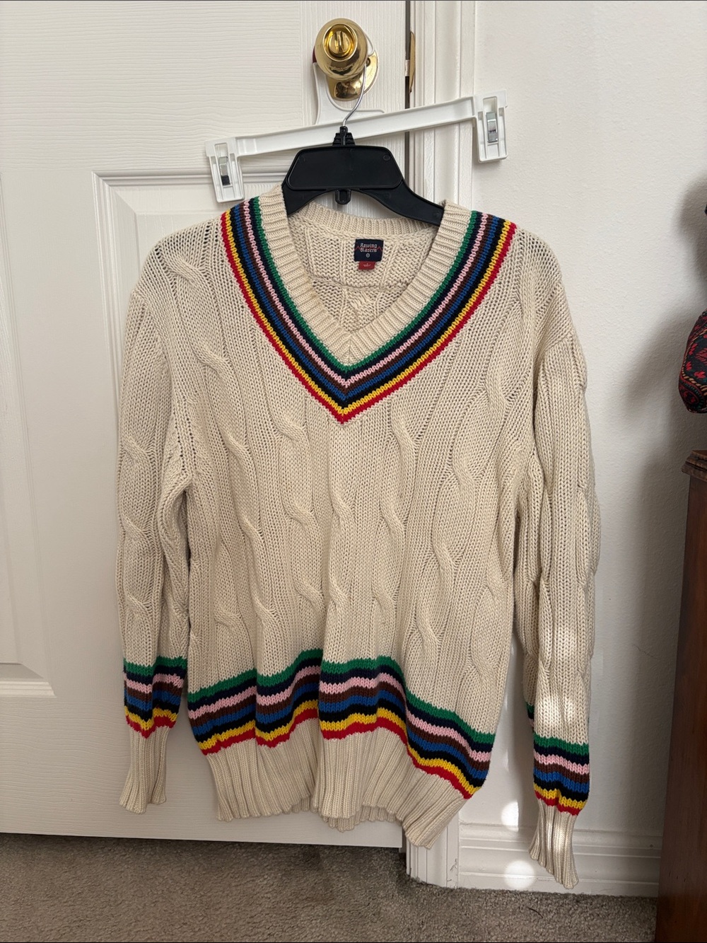 Rowing blazers for target unisex Cream Cable-Knit V-Neck Sweater with Trim
